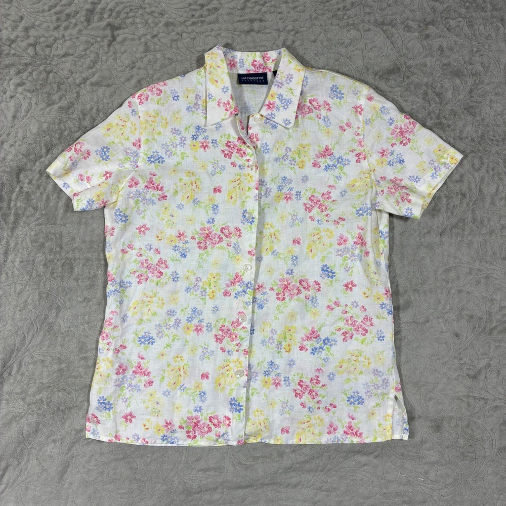 Vintage Cottagecore Linen Button Down Top Size S Pastel Floral 90s Butter Mom